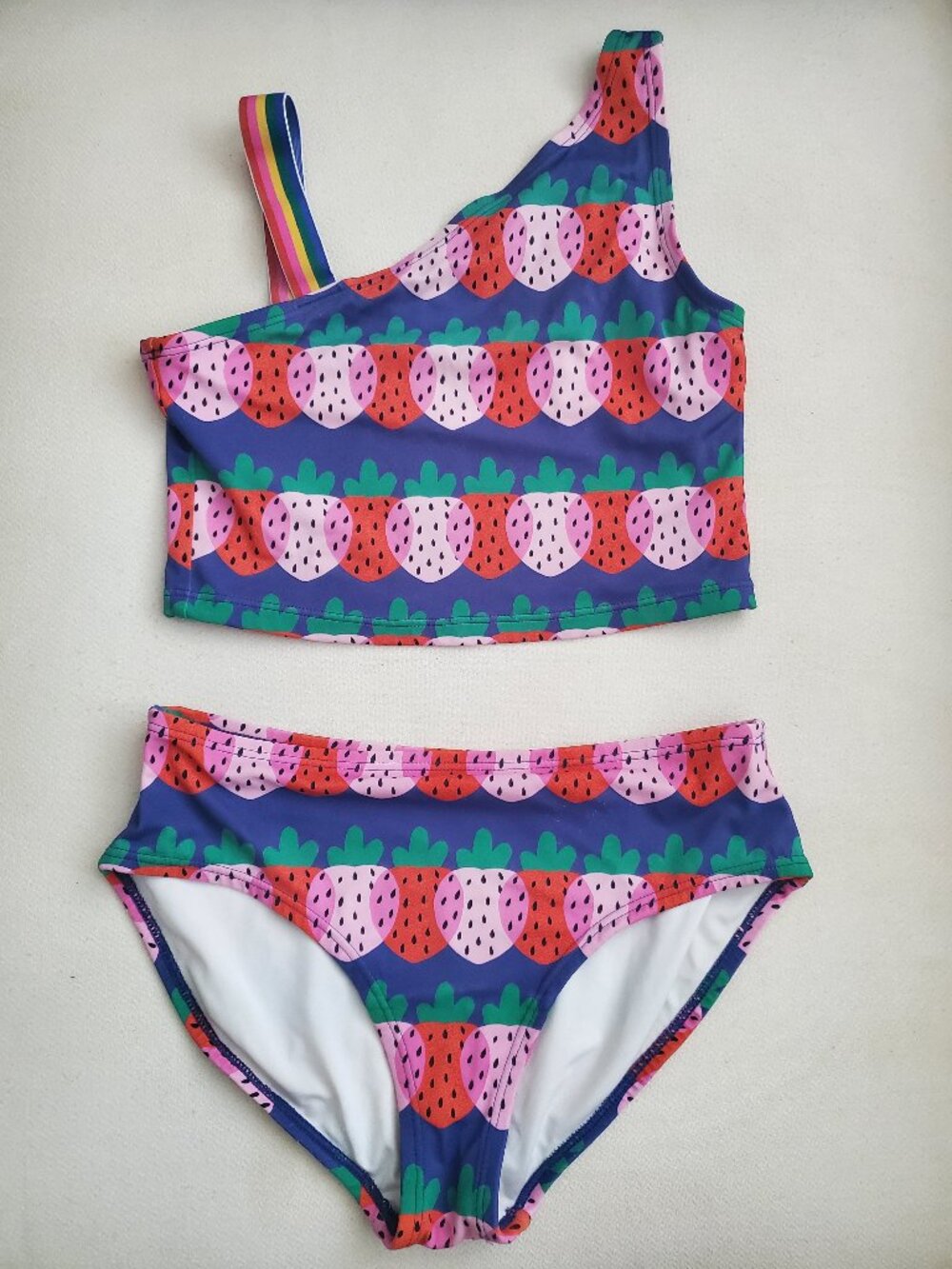 Hanna Andersson Two Piece Asymmetrical Strap Strawberry Swimsuit SIZE 12 KIDS